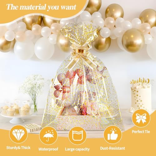 COQOFA 10 Pieces Large Cello/Cellophane Bags 18x30 Inches Clear Basket Gift Bags Gold Star Printed OPP Plastic Cellophane Wrap for Baskets Gift Packaging with Gold Pull Bows