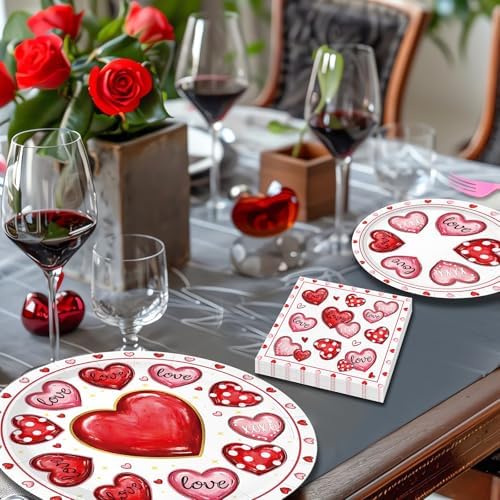 96 Pieces Valentine’s Day Tableware Set – Pink Red White Disposable Plates, Napkins, and Forks with Heart Designs for Valentine’s Parties, Weddings, and Romantic Celebrations – Serves 24 Guests