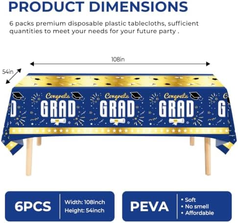 6 Pack Disposable Plastic Tablecloth 54" x 108" Blue Class of 2026 Grad Party Table Cloths Disposable for 6 to 8 Foot Tables Graduation Party Indoor or Outdoor (Graduation Blue)
