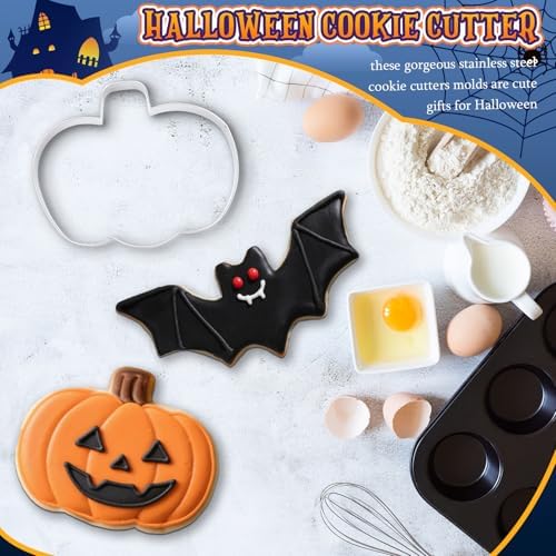 Teenyyou 3 Pcs Large Halloween Cookie Cutters Set 7.5 Inch Extra Large Pumpkin Bat Ghost Shapes Stainless Steel Metal Giant Cookie Cutters Molds for Halloween Day Baking Party Kitchen Accessories