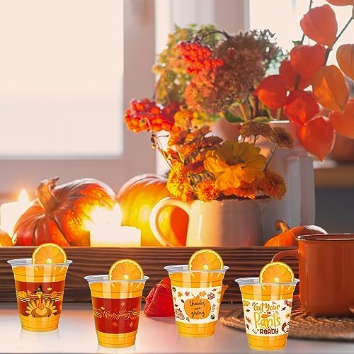 Uiifan 60 Pcs Thanksgiving Disposable Cups 12 oz Plastic Cups Bulk Turkey Pumpkin Tumblers Clear Fall Plastic Cups Bulk for Liquor Coffee Juice Autumn Harvest Thanksgiving Day Wedding Party Supplies