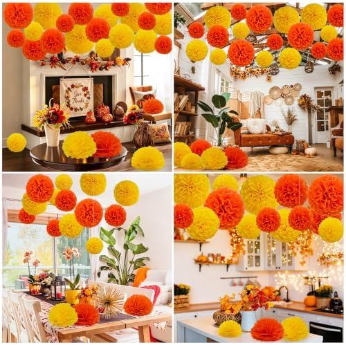 Recosis Yellow Orange Party Decorations, 18 Pcs Paper Pompoms Decorations
