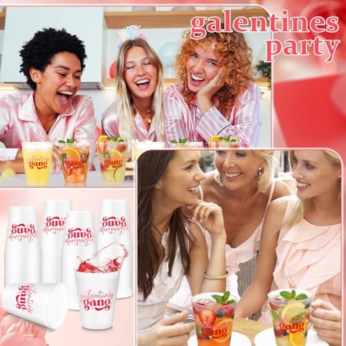 Tioncy 50 Pcs Galentines Gang Cups, 16 oz Frosted Cups, Happy Galentine's Day Plastic Cup, Girls Gang Ladies Happy Galentine's Day Party Decorations for Valentines Beverage Drinking Celebrations