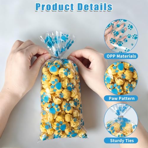 ZYLOP 50 Pcs Blue Dog Treat Bags - 5 x 11 Inch Clear Cellophane Dog Gift Bags with 60 Silver Twist Ties, Paw Print Bags for Pet Treats, Cat Treats, Candy, Cookies & Party Favors
