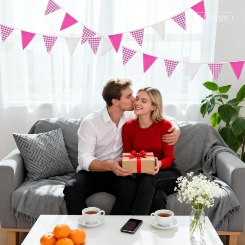 G2PLUS Pink and White Gingham Fabric Bunting Banner, 32Ft Cotton Burlap Triangle Garland for Mother’s Day, Wedding, Birthday, Carnival, Picnic, BBQ & Outdoor Events
