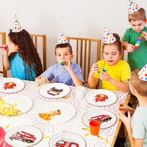Whaline 40 Pcs Fire Truck Birthday Party Paper Plates 9 Inch 4 Designs Disposable Fireman Theme Plates Engine Rescue Dessert Plate for Kids Boys Firefighter Baby Shower Supplies Table Decor
