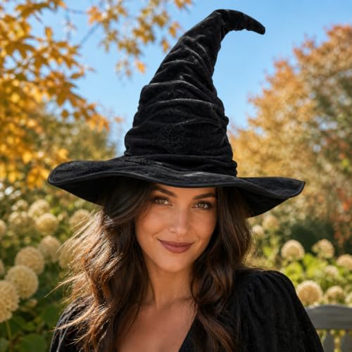 Large Ruched Witch Hat for Adults, Wide Brim Halloween Costume Accessory