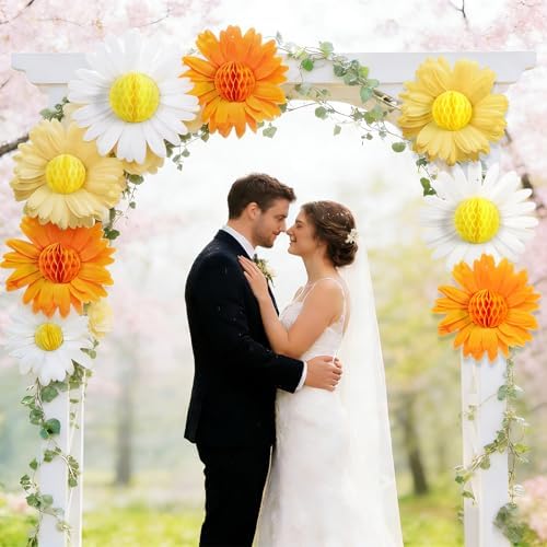 Paper Jazz 9pcs Daisy Paper Flower Decorations, White Yellow Orange Honeycomb Hanging Decor, Spring Party Celling Sign Boho Happy Birthday Supplies for Garden Classroom Baby Shower Birthday Party