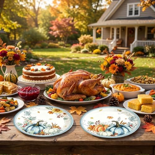 50Pcs Thanksgiving Oval Paper Plates 10" x 12" Fall Watercolor Pumpkins