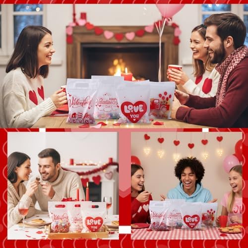 Valentines Cellophane Gift Bags, 80 PCS Valentines Treat Bags, Plastic Valentine Candy Cookies Snacks Goodies Sealing Bag with Handles for Valentine's Day Kids Party Favor Supplies Classroom Exchange
