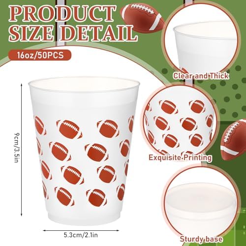 Tioncy 50 Pcs 16oz Football Frosted Plastic Cups, Football Plastic Cups, Clear PP Frosted Reusable Cup Bulk for Sports Game Party Decorations Hot Coffee Wine Cold Drinks Supplies