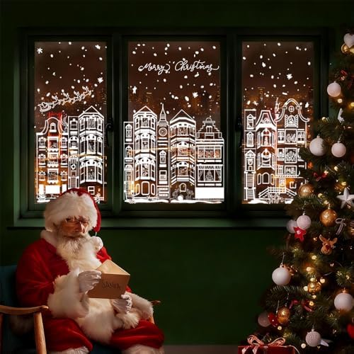 DIYDEC 15.1 * 27.3'' Large Christmas Window Clings 4Pcs Xmas White House Window Stickers for Glass Double Sided Winter Town Decals for Holiday Home Shop Decoration