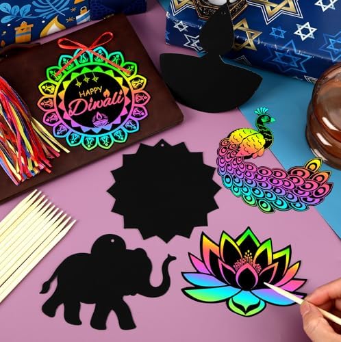 JULMELON 36 Pcs Diwali Crafts for Kids Rainbow Scratch Art Party Favors