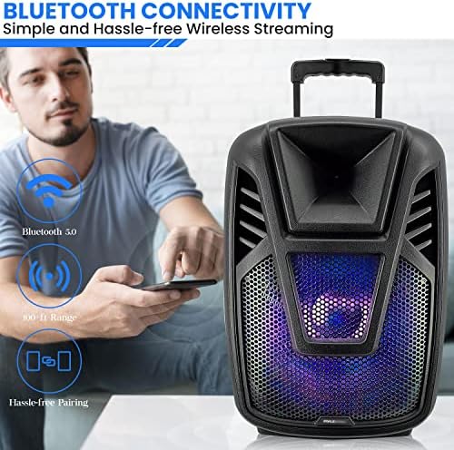 Pyle 15” Portable Bluetooth PA Speaker System - 800W Wireless Rechargeable Loudspeaker with LED Party Lights, Rolling Wheels, Built-in Amp, & Remote Control - Indoor/Outdoor Karaoke Machine (Black)