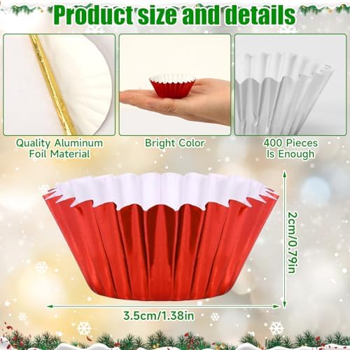 AUGSUN 400pcs Christmas Mini Foil Cupcake Liners Golden Red Green Silver