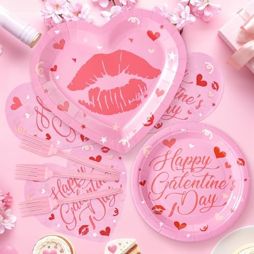 109PCS Happy Galentine's Day Party Supplies,Pink Love Heart Disposable Paper Plates Napkins Cups Forks Dinnerware for 24 Guest,Banner Balloons for Valentines Anniversary Wedding Engagement