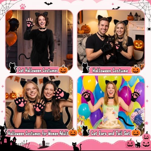 H-Style Cat Costume for Women - Black Cat Ears Headband Woman, Tail, Bell Choker & Gloves - 4 Pack, Halloween Cosplay Costume Outfit Accessories for Adult