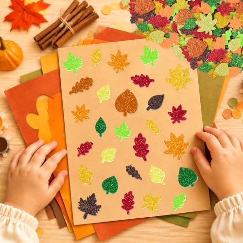 581 PCS Fall Leaf Foam Stickers, Glitter Autumn Leaf Stickers, 8 Colors
