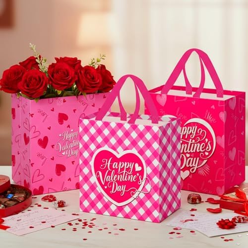 Wesnoy 48 Pcs Valentine's Day Gift Bags Bulk with Handle Non Woven Reusable Pink Red Heart Bags Valentine's Day Candy Bag for Classroom Gift Exchange, Goodies Wrapping Party Favors, 11.4x10.6x4.7 Inch