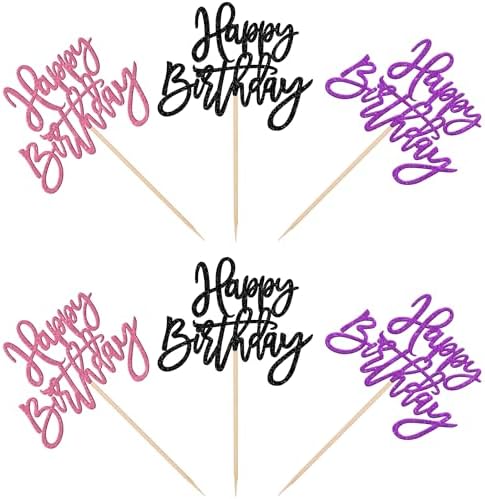 24 PCS Happy Birthday Cupcake Toppers Glitter Happy Birthday Cupcake Picks for Celebrating Anniversary Theme Party Cake Decorations Supplies Black Purple Pink