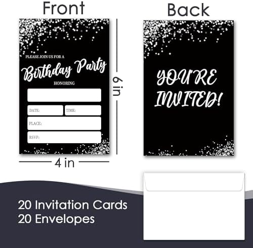 Minimalist Birthday Invitations, 20 Party Invitations with Envelopes For Birthday, Black Silver Invitations for Boys and Girls, Birthday Party Decorations Supplies