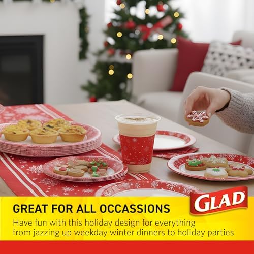 Glad Disposable Paper Plates, Holiday Red Snowflake, 7 Inch, 30 Count