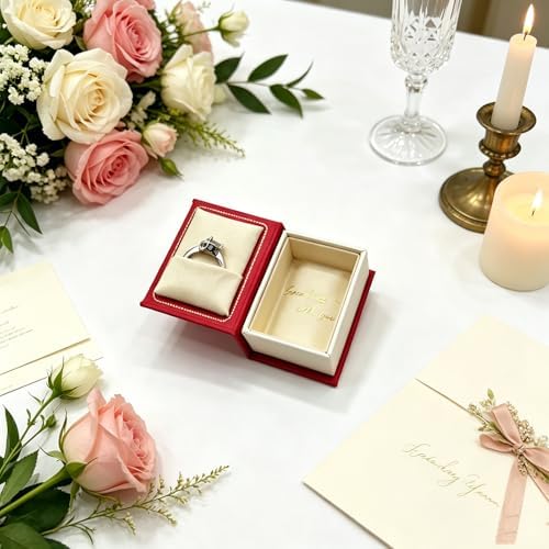 Book Shaped Ring Box - Vintage Engagement Ring Box with Hinged Lid for Proposal Engagement Wedding, Proposal Ring Case-PRB012-Red