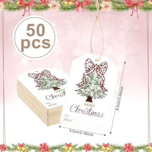Teling 50 Pcs Christmas Gift Tags with String Red Bow Merry Christmas Tags