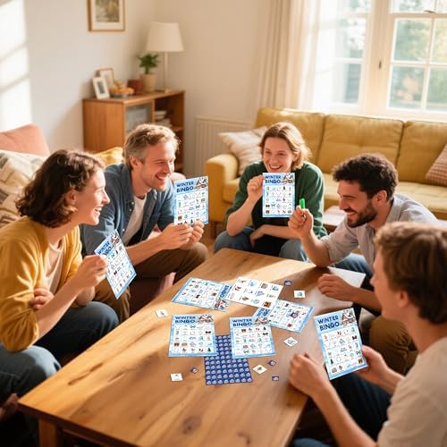 Winter Bingo Games for Family Friends, Christmas Bingo Games for Adults, Winter Xmas Party Decorations Supplies Favors, Merry Christmas Holiday Game Card for Indoor, 24 Players Game Cards -12