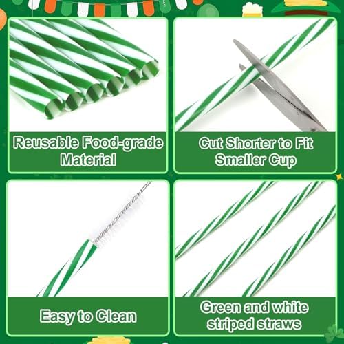 JANYUN 30 Pcs Green and White Straws Plastic, Reusable St Patricks Straws