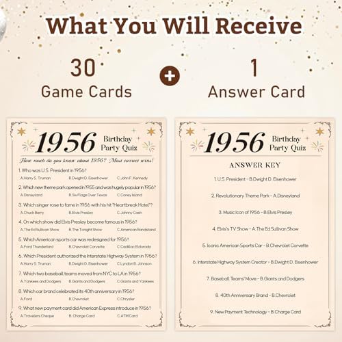 30Pcs 70th Birthday Party Games, 1956 Quiz & Guess the Price Game Cards
