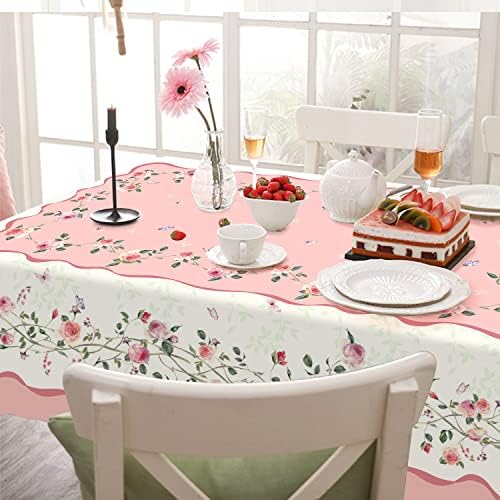 Pink Floral Tablecloth Decoration Tablecloths, Pink Rose Rosette Butterfly Table Covers, Waterproof Table Cover for Dinner Kitchen Party Holiday Decor 60"x 84" Oblong/Rectangle