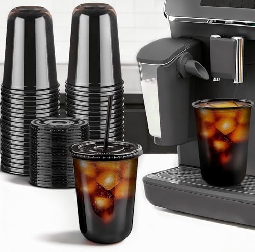 50 Sets - 16oz Black Plastic Cups with Lids and Straws