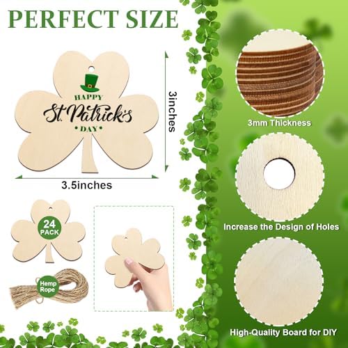 Wooden Shamrock Ornaments to Paint St. Patrick's Day Decoration Cutouts Unfinished 24PCS 3.5 x 3 inches, DIY Blank Unfinished Wood Discs Ornament for Home Farmhouse Crafts Hanging Spring Decorations