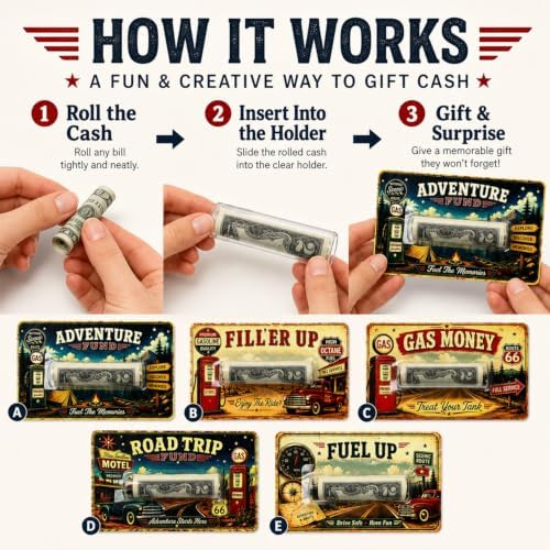 Gas Money Gift Card Holder, Cash Holder Card for Rolled Cash, Funny Road Trip Money Gift, Vintage Adventure Cash Gift for Drivers, Teens, New Driver, Graduation, Birthday, Travel Gift
