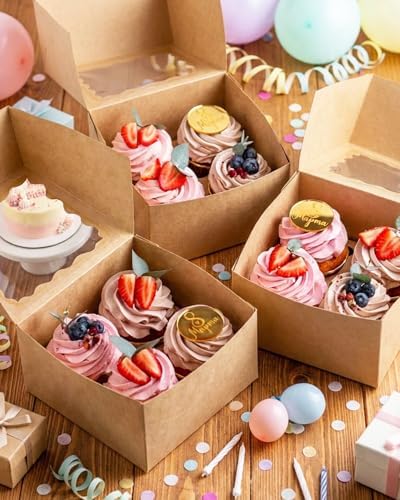 qiqee Auto-pop Up Cupcake Boxes with Window Brown 100PCS 4 Count Cupcake Box 6.3"x6.3"x3" Cupcakes Carrier, 4 Cupcake Containers