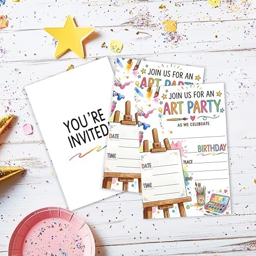 Art Birthday Party Invitation, Painting Artist Double-Sided Fill In Style Invites with Envelopes for Birthday, Art in Party Invitation For Girls, Boys, Teens, Bday Party Favor & Decoration