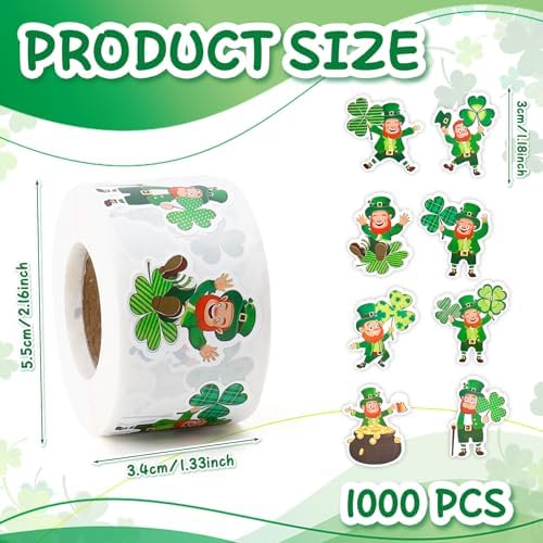 St Patricks Day Stickers Roll, 1.2" 1000 PCS Green Leprechaun Shamrock Clover Self Adhesive Sticker Decals for Seals Crafts Card Gift Scrapbook St. Patrick's Day Decorations Irish Holiday Party Favor