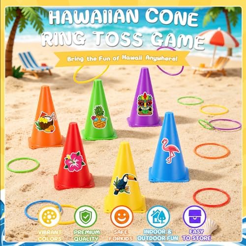Hawaii Ring Toss Game Set, Luau Party Tossing Game with 6 Plastic Cones, 18 Colorful Rings, Beach Lawn Games for Kids Adults, Hawaiian Tiki Party Supplies Indoor Outdoor Family Activities (Hawaii)