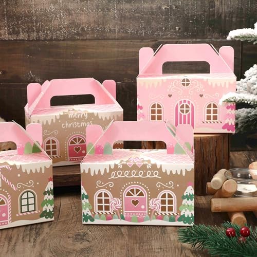 Whaline 24Pcs Christmas Treat Boxes with Handles Pink Gingerbread House Goodie Candy Bags Xmas Gable Paper Gift Containers for Cookie Snack Present Party Favor Supplies, 4 Designs