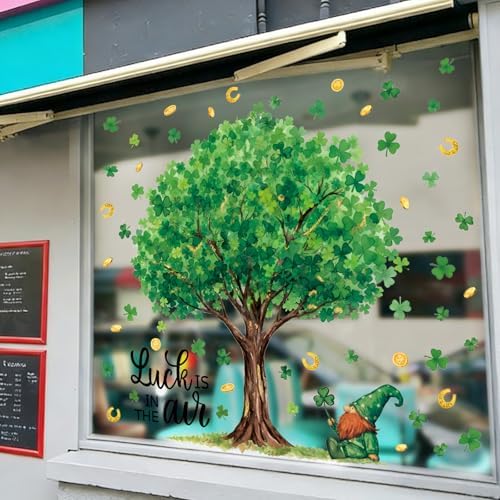 6 Sheets Extra Large St. Patrick's Day Window Clings 32 inch, Lucky Green Shamrock Tree Window Stickers Decal Double Sided for Home School Office Classroom Spring Party Supplies Gifts