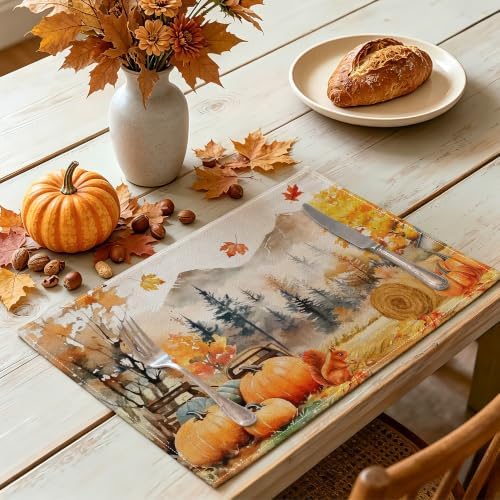 Fall Placemats Set of 4, 12x18 inch - Harvest Farm Thanksgiving Table Decor