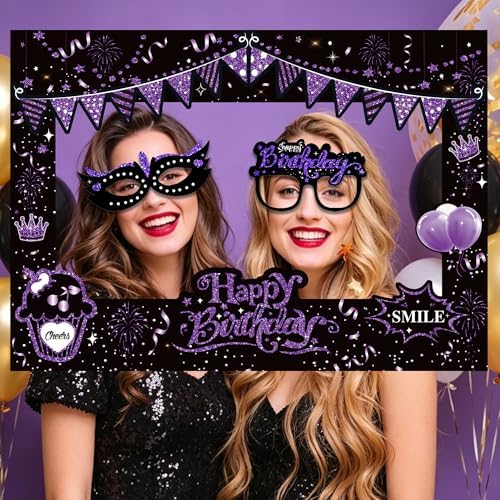 38 Pcs Birthday Photo Booth Props Kit with Frame, Happy Birthday Party Favors Supplies Bday Party Decorations Set for Girls Women Really Glitter Selfie Paper Party Supplies (Purple)