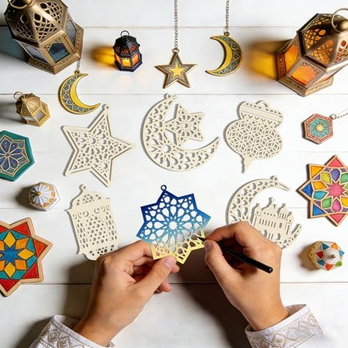 36PCS Wooden Ramadan Decorations Eid Islam Mubarak Ornaments Mubarak Hanging Hollow Pendant to Paint, DIY Blank Unfinished Wood Moon Cutouts Crafts Hanging Al Adha Star Lantern for Muslim Festive
