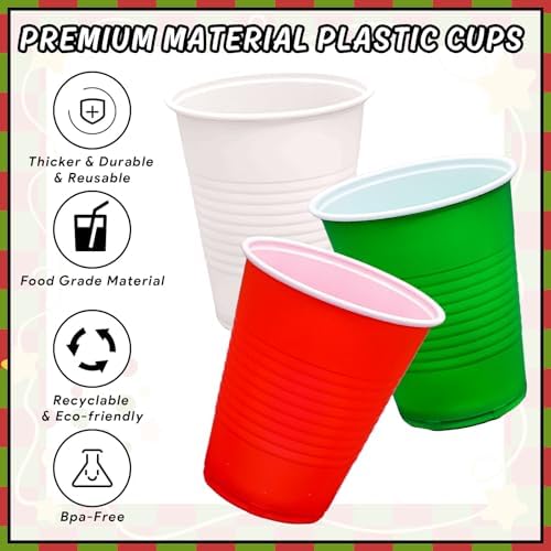 JarThenaAMCS 150Pcs Christmas Plastic Cups 12Oz Red Green White Disposable Drinking Cup Stackable Party Cups for Xmas Birthday Events Supplies