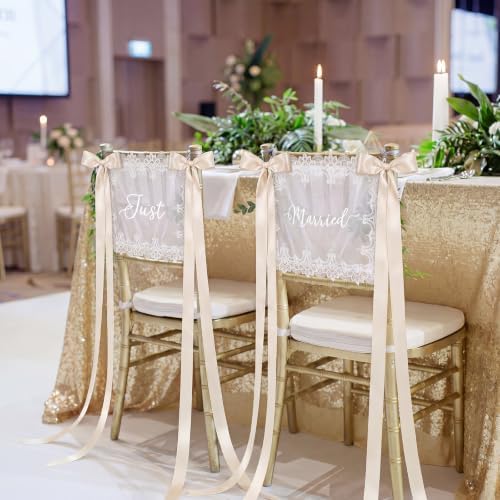 Breling 2 Pcs Lace Wedding Chair Sign Back Banner, White, Just Married4