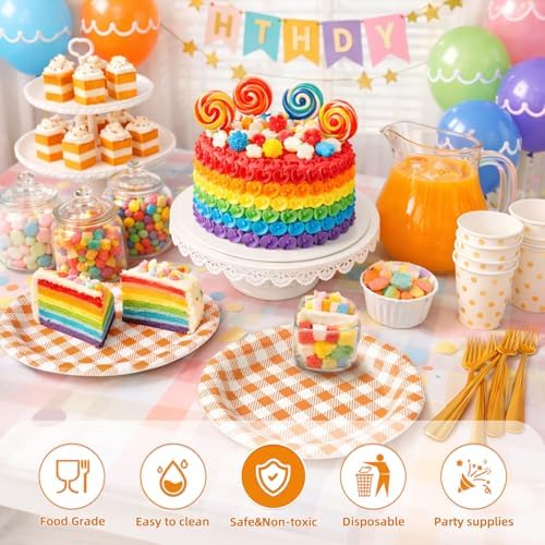 Vyntra 50 Pcs Orange Gingham 9 Inch Round Paper Dinner Plates