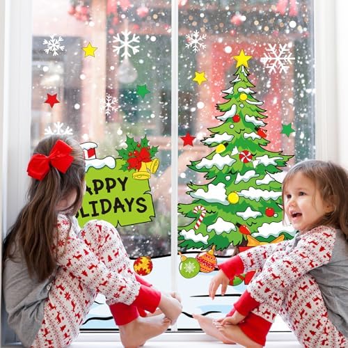 Whaline 6 Sheets Christmas Window Clings Xmas Tree Signpost Snowflake Window Decal Reusable Anti-Collision Windows Decor for Winter Home School Office Holidays Party Supplies