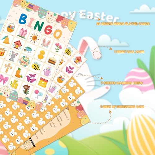 YQUQWN Easter Bingo Game 24 Players Colorful Egg Spring Bingo Cards with Bunny Chick Basket Icons Happy Easter Party Supplies for Holiday Activities