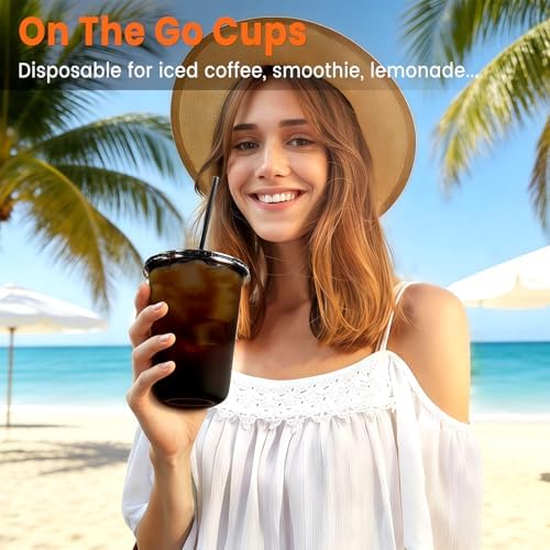 50 Sets - 16oz Black Plastic Cups with Lids and Straws